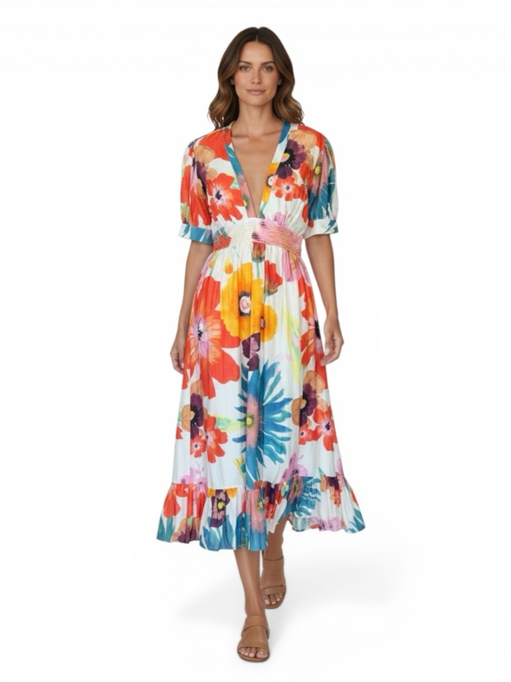 Carolina K Floral Midi Dress S NWOT Boho Resort Puff Sleeve V Neck Smocked Waist